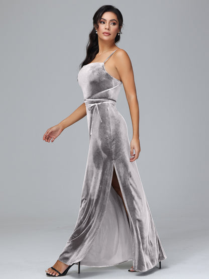 Spaghetti Straps Velvet Bridesmaid Dress With Slit