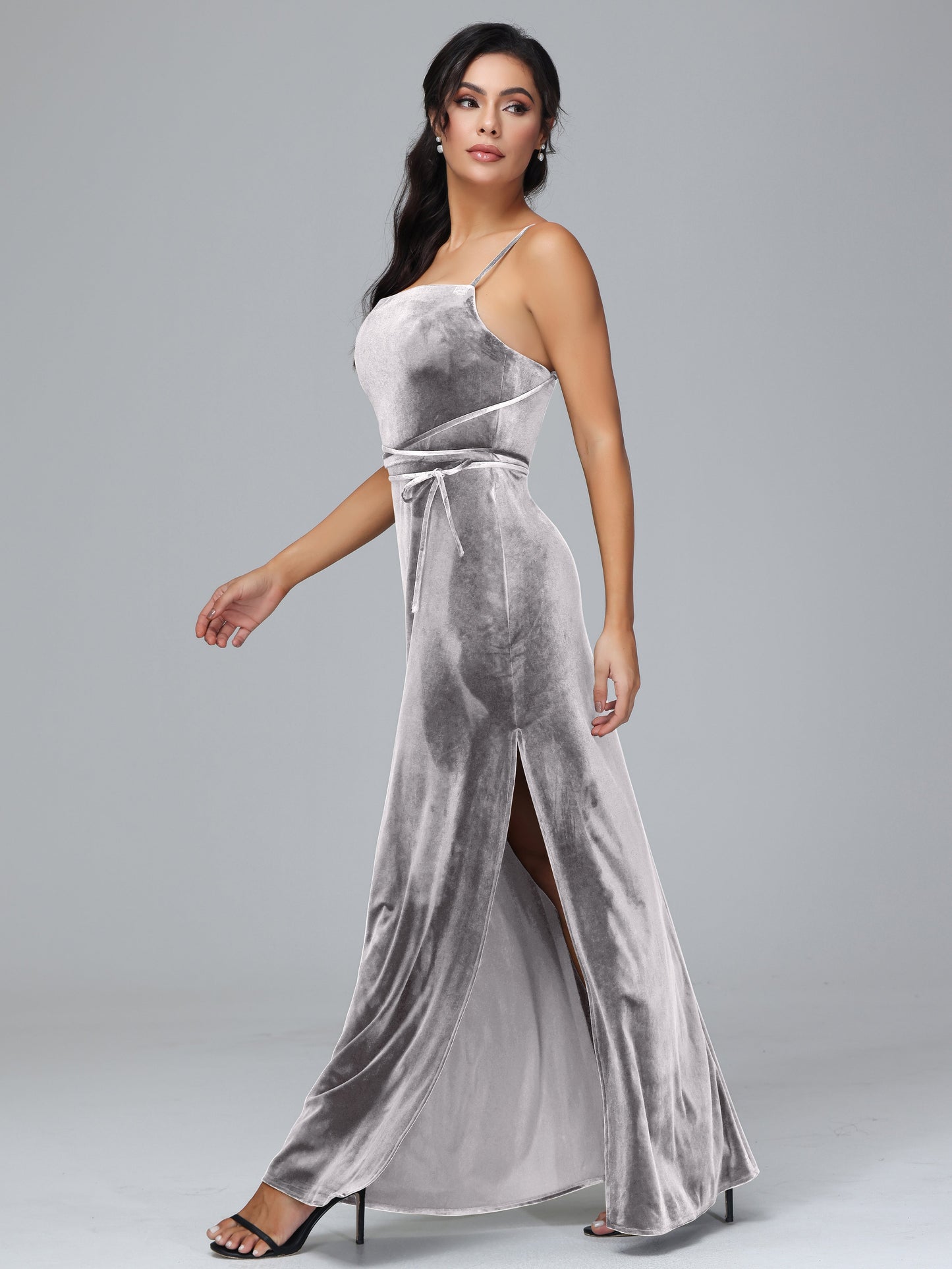 Spaghetti Straps Plus Size Velvet Bridesmaid Dress With Slit