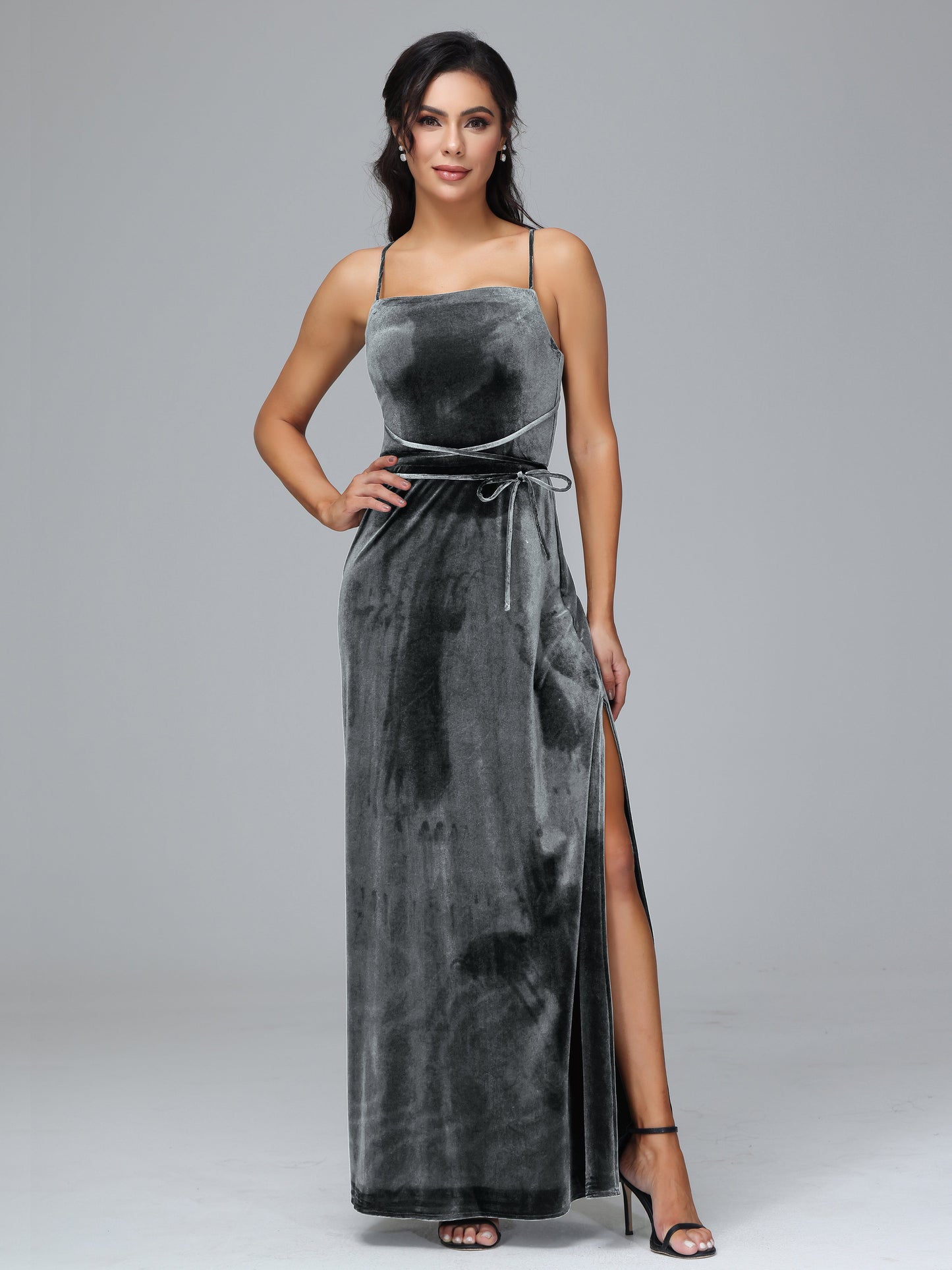 Spaghetti Straps Plus Size Velvet Bridesmaid Dress With Slit