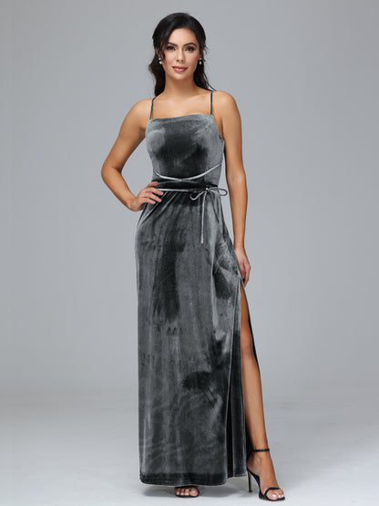 Spaghetti Straps Plus Size Velvet Bridesmaid Dress With Slit