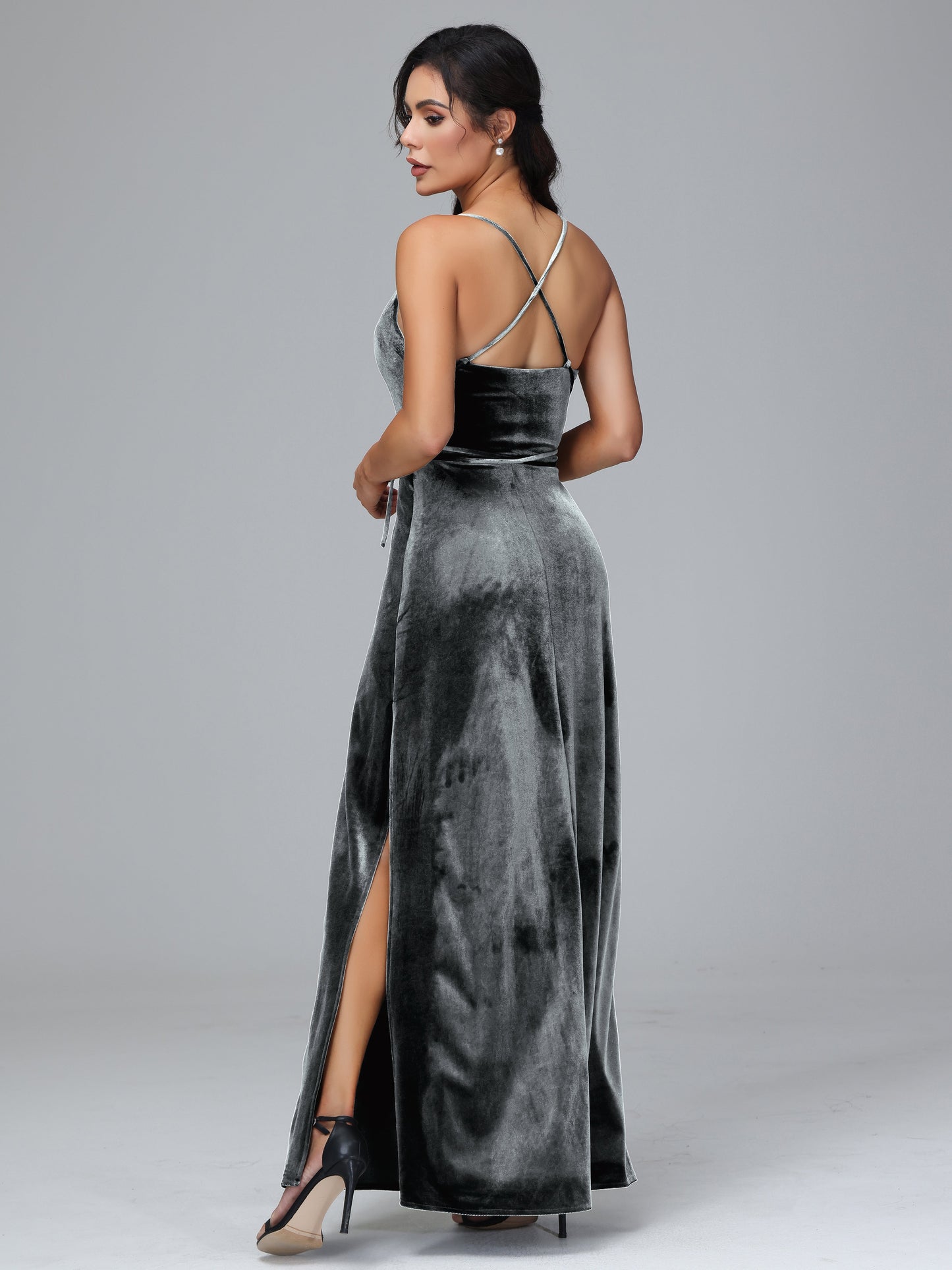 Spaghetti Straps Velvet Bridesmaid Dress With Slit
