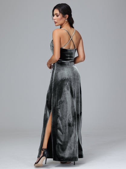 Spaghetti Straps Velvet Bridesmaid Dress With Slit