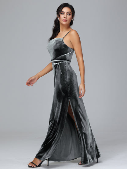 Spaghetti Straps Velvet Bridesmaid Dress With Slit
