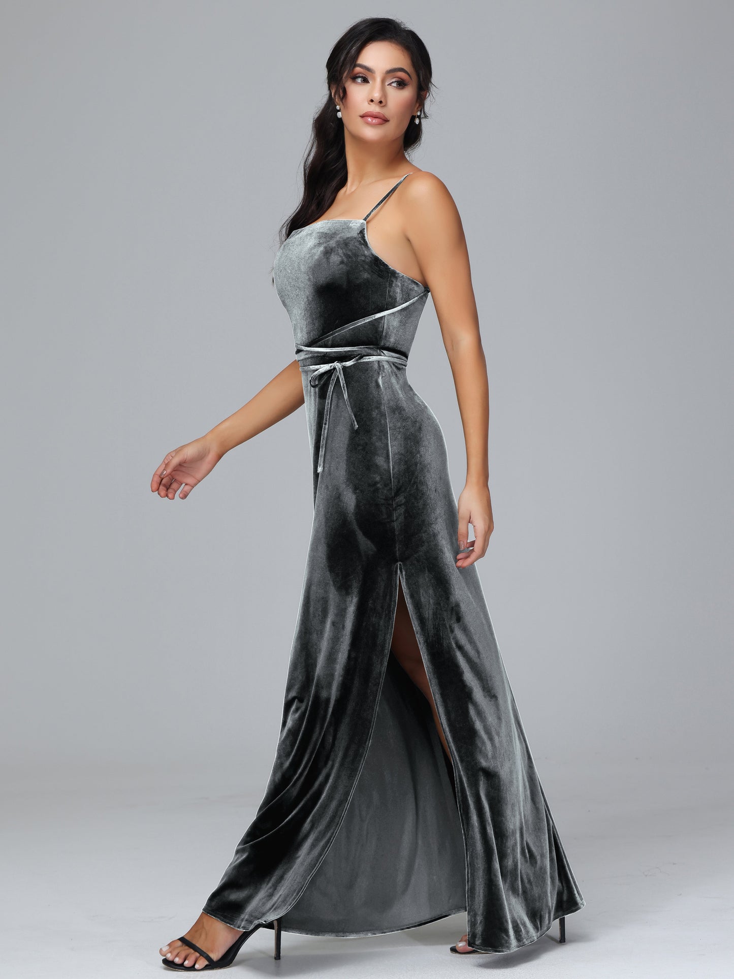 Spaghetti Straps Plus Size Velvet Bridesmaid Dress With Slit