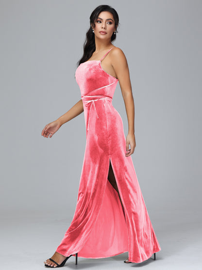 Spaghetti Straps Velvet Bridesmaid Dress With Slit