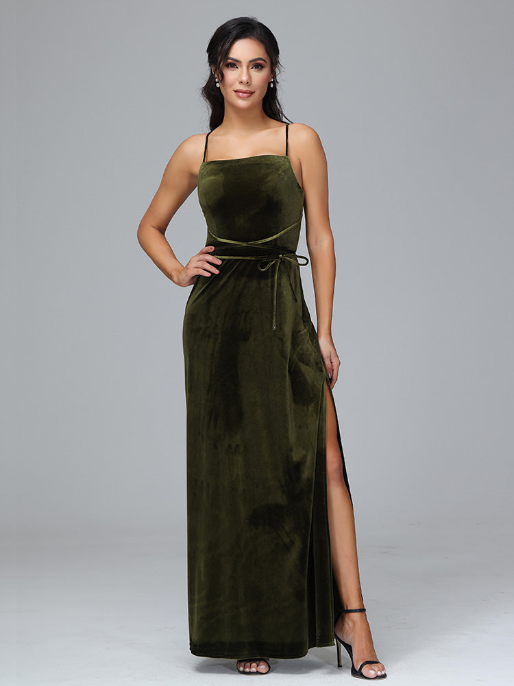 Spaghetti Straps Plus Size Velvet Bridesmaid Dress With Slit