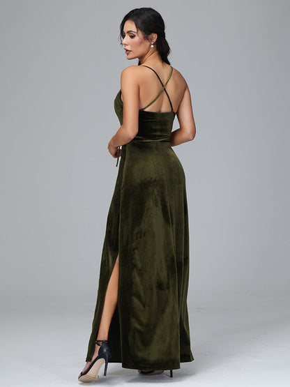 Spaghetti Straps Plus Size Velvet Bridesmaid Dress With Slit