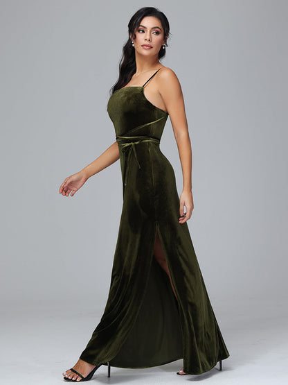 Spaghetti Straps Plus Size Velvet Bridesmaid Dress With Slit