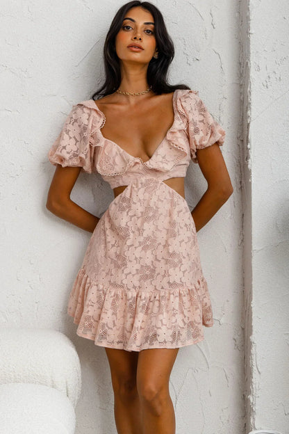 Sweet Life Cut-Out Waist Lace Dress Peach