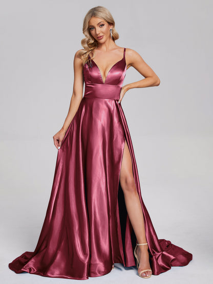 Jennifer Deep V-neck Side Slit Soft Satin Bridesmaid Dress