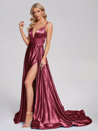 Jennifer Deep V-neck Side Slit Soft Satin Bridesmaid Dress