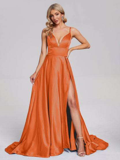 Jennifer Deep V-neck Side Slit Soft Satin Bridesmaid Dress