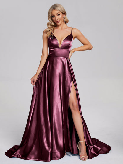 Jennifer Deep V-neck Side Slit Soft Satin Bridesmaid Dress