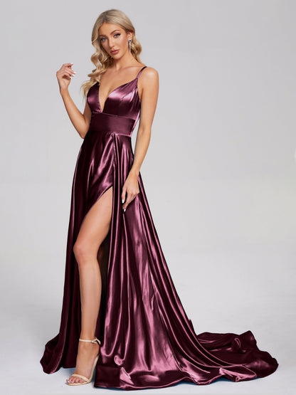 Jennifer Deep V-neck Side Slit Soft Satin Bridesmaid Dress