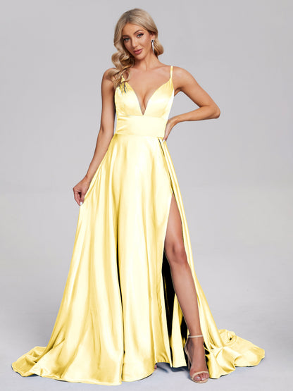 Jennifer Deep V-neck Side Slit Soft Satin Bridesmaid Dress