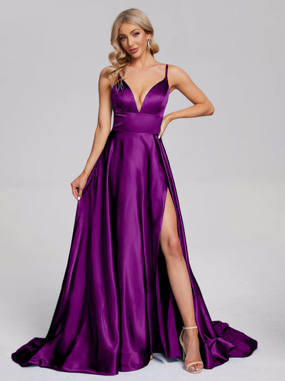 Jennifer Deep V-neck Side Slit Soft Satin Bridesmaid Dress