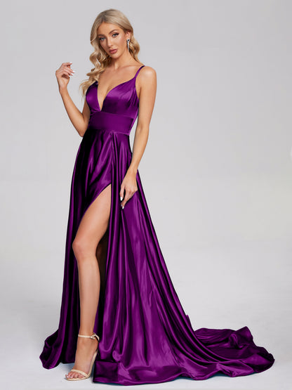 Jennifer Deep V-neck Side Slit Soft Satin Bridesmaid Dress