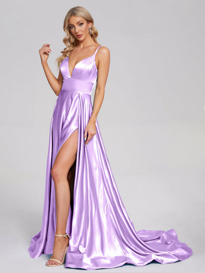 Jennifer Deep V-neck Side Slit Soft Satin Bridesmaid Dress