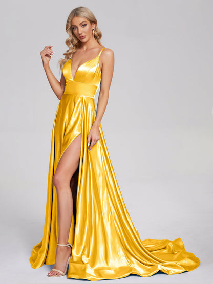 Jennifer Deep V-neck Side Slit Soft Satin Bridesmaid Dress