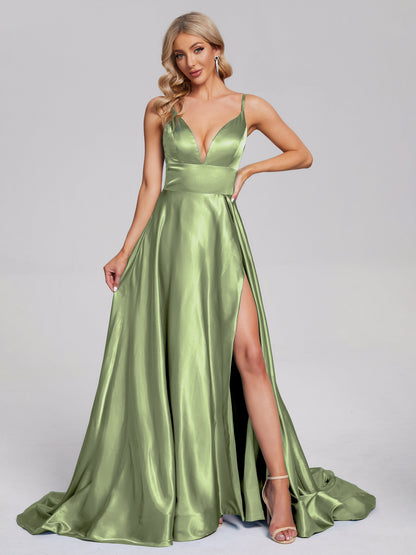 Jennifer Deep V-neck Side Slit Soft Satin Bridesmaid Dress