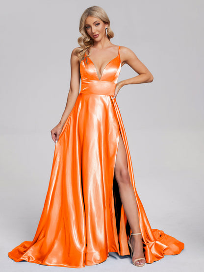 Jennifer Deep V-neck Side Slit Soft Satin Bridesmaid Dress