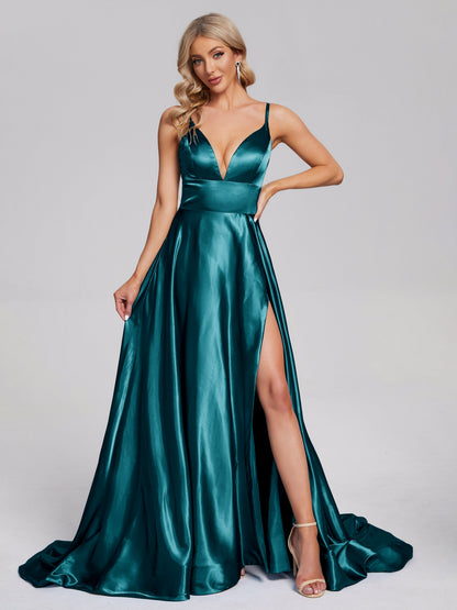Jennifer Deep V-neck Side Slit Soft Satin Bridesmaid Dress