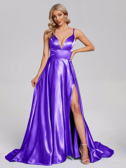 Jennifer Deep V-neck Side Slit Soft Satin Bridesmaid Dress