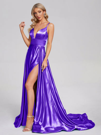 Jennifer Deep V-neck Side Slit Soft Satin Bridesmaid Dress