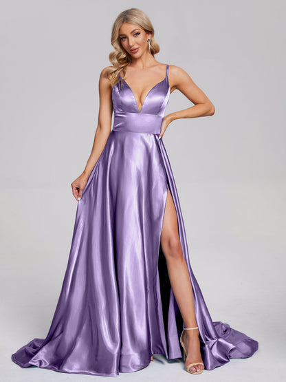 Jennifer Deep V-neck Side Slit Soft Satin Bridesmaid Dress