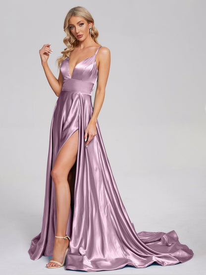 Jennifer Deep V-neck Side Slit Soft Satin Bridesmaid Dress
