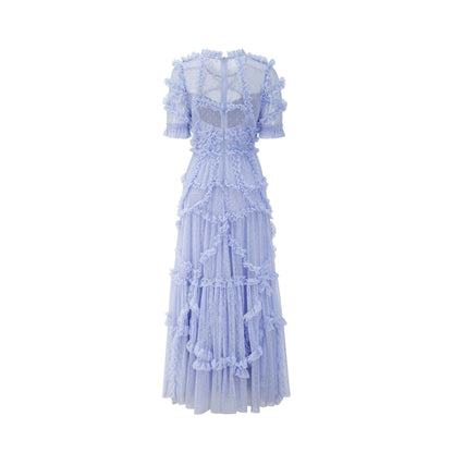 Elegant Mock Neck Sleeved Dotted Tulle Tiered Ruffle Bridesmaid Dresses
