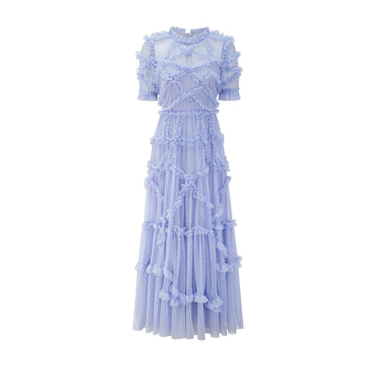 Elegant Mock Neck Sleeved Dotted Tulle Tiered Ruffle Bridesmaid Dresses