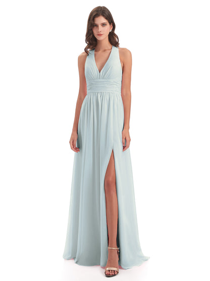 Emily Floor Length V Neck Split Chiffon Bridesmaid Dresses