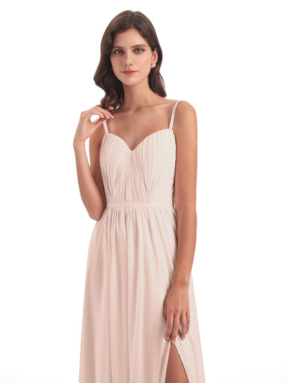 Kiana Spaghetti Straps Open Back Split Chiffon Long Bridesmaid Dresses