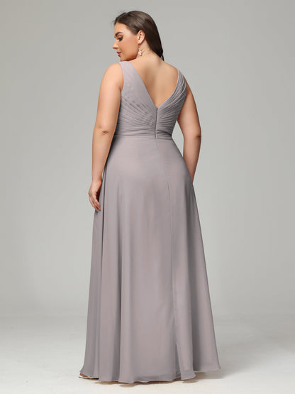 V-neck Straps Chiffon Plus Size Long Bridesmaid Dresses