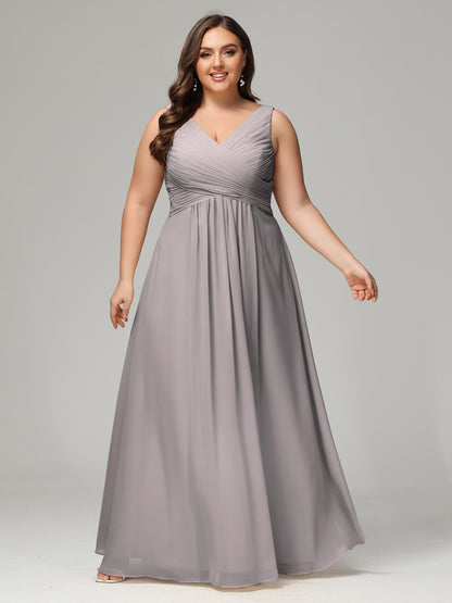 V-neck Straps Chiffon Plus Size Long Bridesmaid Dresses
