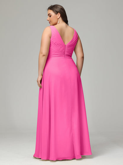 V-neck Straps Chiffon Plus Size Long Bridesmaid Dresses