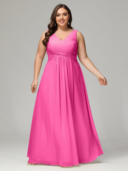 V-neck Straps Chiffon Plus Size Long Bridesmaid Dresses