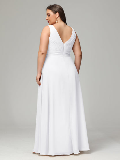 V-neck Straps Chiffon Plus Size Long Bridesmaid Dresses