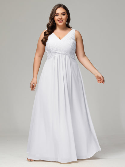 V-neck Straps Chiffon Plus Size Long Bridesmaid Dresses