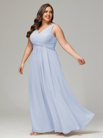 V-neck Straps Chiffon Plus Size Long Bridesmaid Dresses