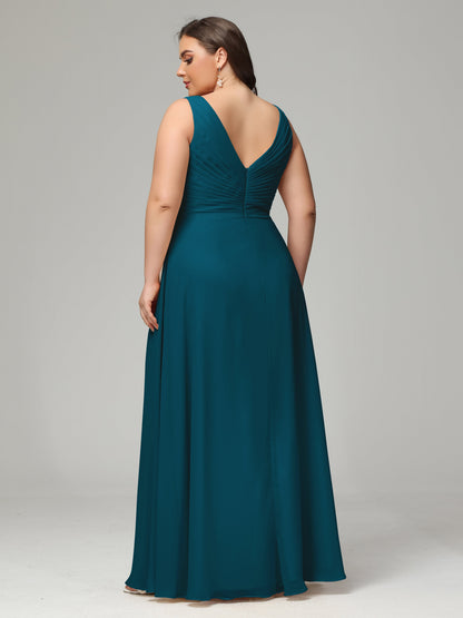 V-neck Straps Chiffon Plus Size Long Bridesmaid Dresses