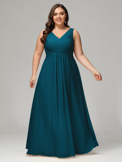 V-neck Straps Chiffon Plus Size Long Bridesmaid Dresses
