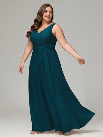 V-neck Straps Chiffon Plus Size Long Bridesmaid Dresses