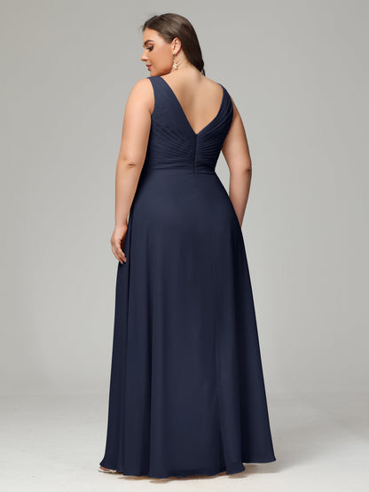 V-neck Straps Chiffon Plus Size Long Bridesmaid Dresses
