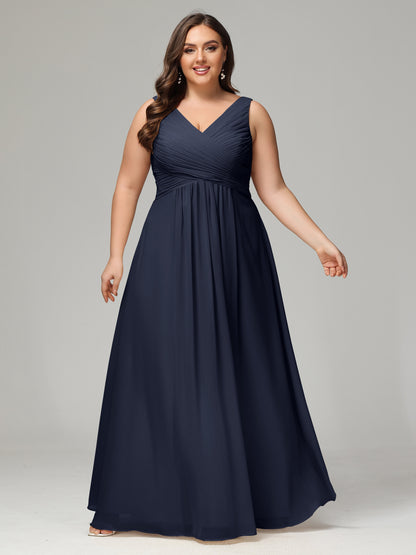 V-neck Straps Chiffon Plus Size Long Bridesmaid Dresses