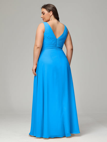 V-neck Straps Chiffon Plus Size Long Bridesmaid Dresses