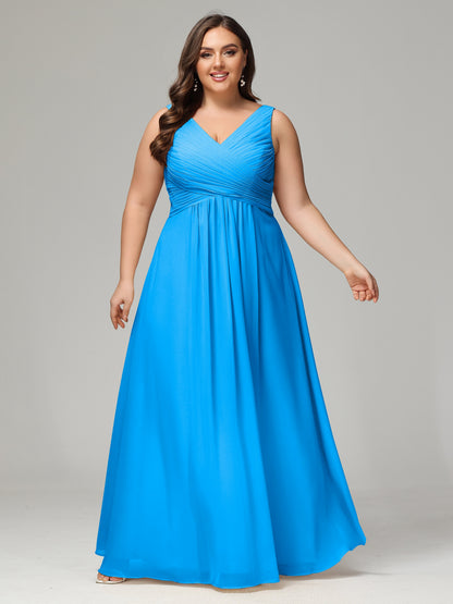V-neck Straps Chiffon Plus Size Long Bridesmaid Dresses