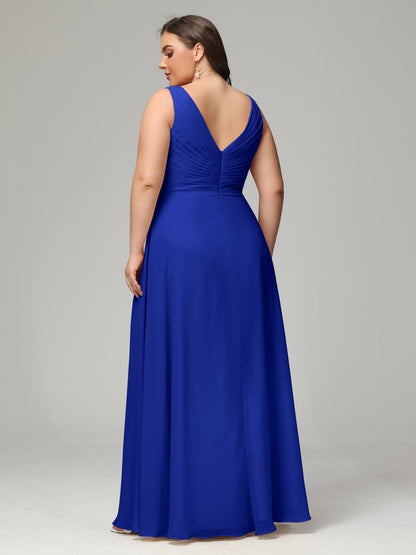 V-neck Straps Chiffon Plus Size Long Bridesmaid Dresses