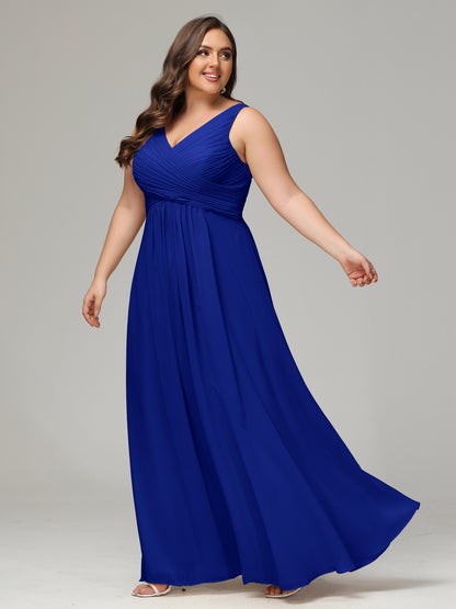 V-neck Straps Chiffon Plus Size Long Bridesmaid Dresses